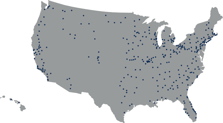 Gray map with blue dots denoting the more than 400 Stifel branches in the U.S.