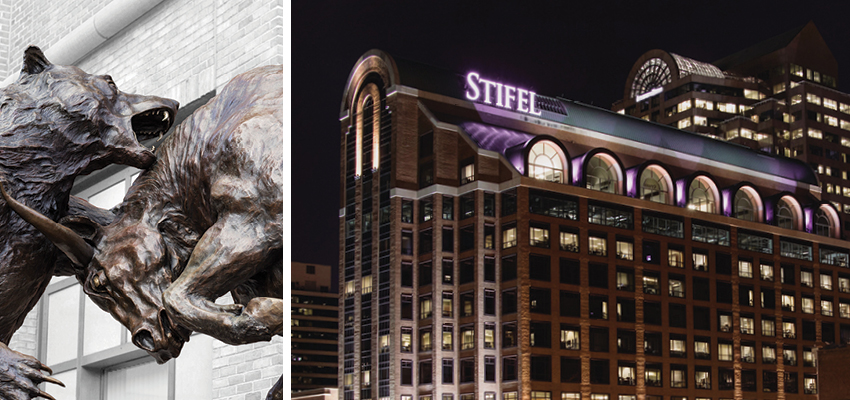 Forces statue by Harry S. Weber next to a night image of Stifel headquarters